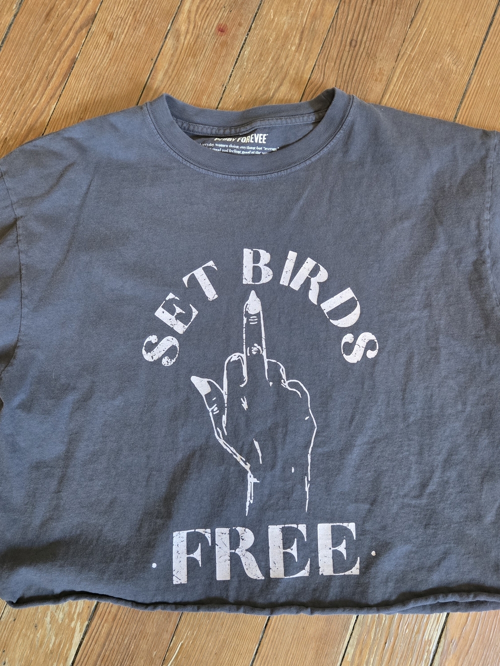 Pebby Forevee Women’s Brown ‘Set Birds Free’ Side Slit T-Shirt Medium Crop Boxy